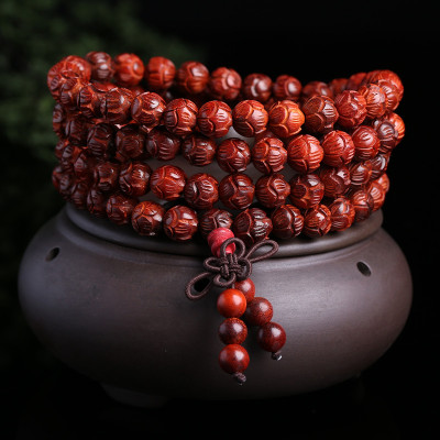 印度小叶紫檀108颗佛珠手串雕刻莲花手链项链鸡血红高密同料男女送女朋友老婆情人节七夕生日礼物