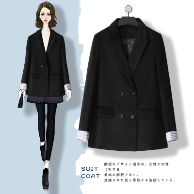 FISHBASKET毛呢西装外套女短款加厚加棉冬2020新款黑色呢子大衣女小个子毛呢外套