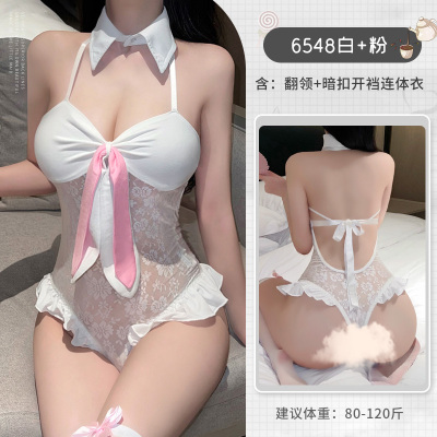 霏慕性感情趣内衣暗扣开裆蕾丝俏皮兔女郎连体衣包臀制服套装情趣床上女式情趣睡衣6548
