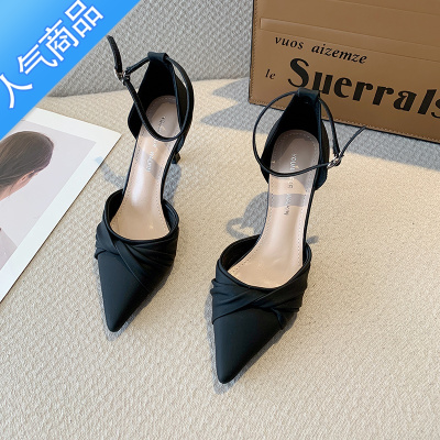SUNTEK高跟鞋女2023年夏季新款尖头细跟凉鞋一字扣绑带小众气质性感单鞋