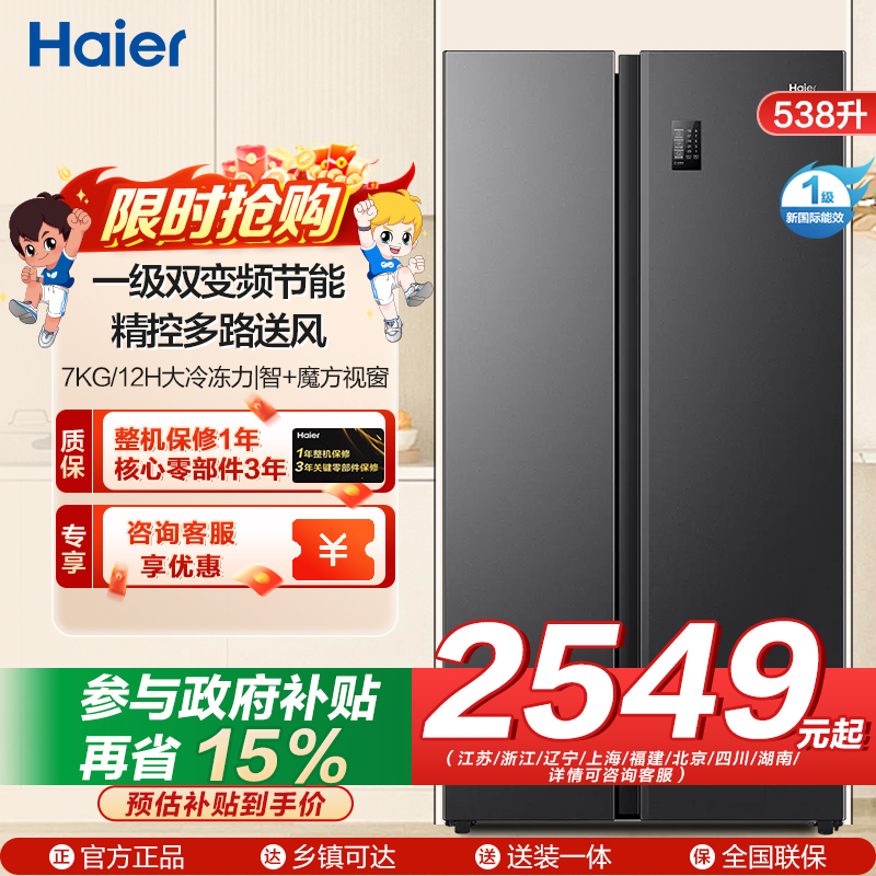 海尔(Haier)538升对开门嵌入冰箱 一级双变频节能 精控多路送风 智+魔方视窗 BCD-538WGHSSEDB9