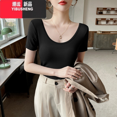 YIBUSHENG黑色莫代尔短袖t恤女2024新款低领u领露背修身上衣薄款穿搭