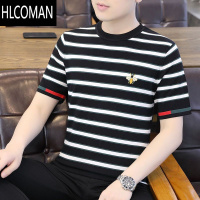 HLCOMAN冰丝短袖t恤男士夏季条纹休闲体恤衫潮牌半袖男装上衣服