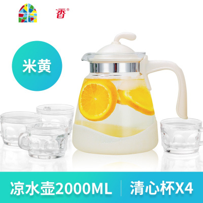 封后2400ML耐热高温冷水壶大容量玻璃果汁凉白开水壶家用凉水壶泡茶壶 FENGH 2.4L杏灰清心杯竹制茶盘套装(杏灰