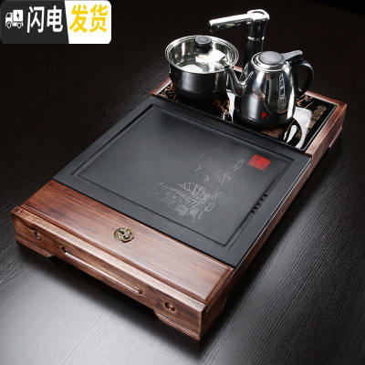 三维工匠乌金石茶盘套装全自动一体排水功夫茶台花梨实木家用简约小号茶海 10款一帆风顺储物-黑色半自动茶盘茶具