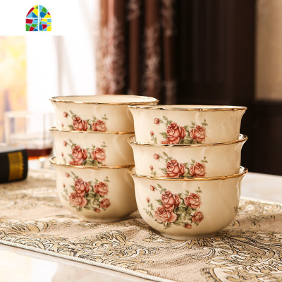 欧式陶瓷碗米饭碗盘金镶边餐具吃饭碗碗筷碗碟套装家用组合 FENGHOU 玫瑰6英寸面碗(1个装)