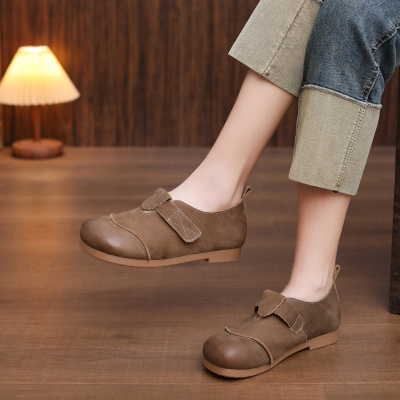 头层牛皮单鞋女2026春季新款复古平底圆头透气百搭舒适勃肯鞋外穿_639