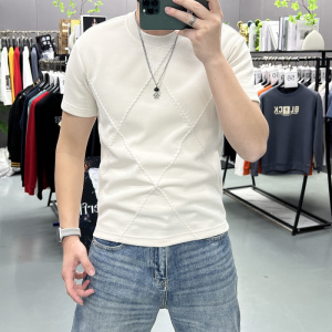 男士圆领针织短袖T恤春夏修身弹力冰丝镂空透气菱格半袖打底衫潮