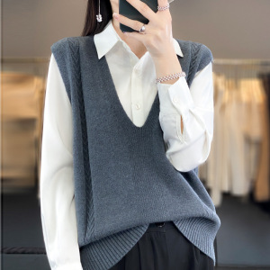 韩版宽松慵懒风马甲背心女潮简约V领叠穿外搭马甲毛衣针织坎肩女