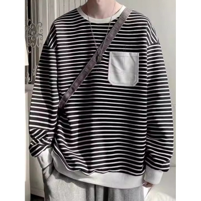 新款秋季韩版圆领卫衣男生日系潮流ins长袖港风条纹上衣