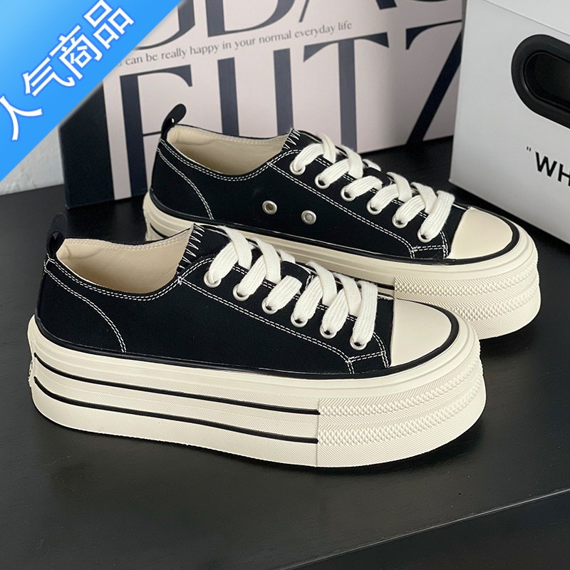 SUNTEK欧货厚底帆布鞋女2023新款春季增高运动百搭圆头低帮板鞋小白鞋潮