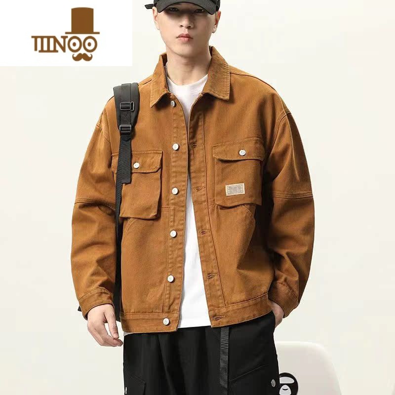 YANXU美式复古多口袋牛仔外套男潮牌宽松百搭工装夹克2023秋季上衣
