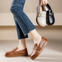 头层牛皮单鞋女春季新款复古平跟百搭豆豆小皮鞋休闲妈妈鞋