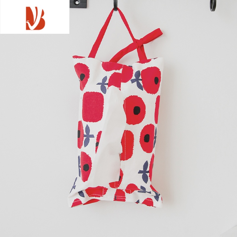 三维工匠丹麦设计田园风纸巾袋车载椅背抽纸包布艺可爱家用纸巾盒挂式车用 带挂绳-红白花朵