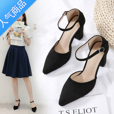 SUNTEK中空鞋学院职业黑色尖头中跟一字扣带高跟粗跟包头凉鞋女小码单鞋