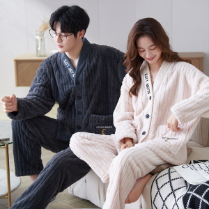 情侣和服珊瑚绒睡衣女士秋冬季居家加厚保暖法兰绒家居服套装男士
