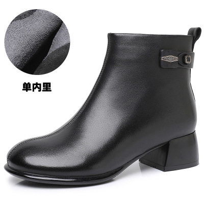 圆头切尔西靴秋冬时尚韩版短靴头层羊皮粗跟金属扣复古时装靴