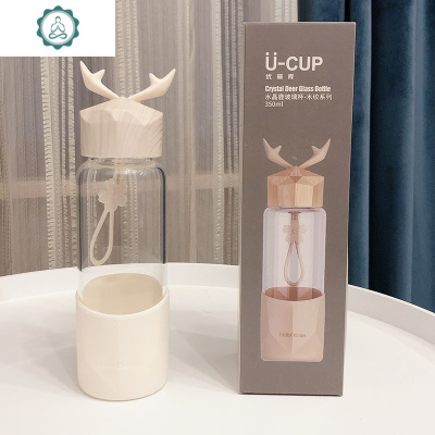 玻璃水杯新款简约创意可爱水晶鹿角男女学生韩国清新耐热随手杯子封后枫木纹水晶兔玻璃杯350送提绳+杯刷