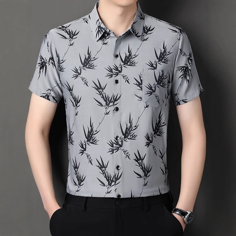 中年男士冰丝双面提花衬衫2025夏季新款柔软亲肤时尚百搭男装衬衣