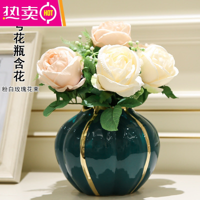 轻奢花瓶摆件客厅仿真花插花干花餐桌电视柜陶瓷家居装饰品FENGHOU绿海泥裳-小号+白粉韩式玫瑰
