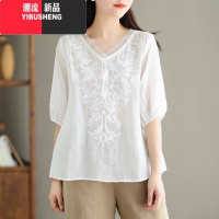 YIBUSHENG2024新款刺绣苎麻衬衫女薄款短袖t恤复古宽松大码棉麻百搭上衣