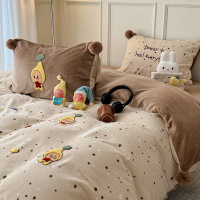 卡通毛巾绣牛奶绒床上四件套加厚毛球款被套珊瑚绒床单床品三件套