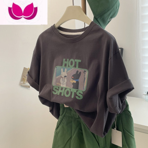 七斓气质深灰色卡通印花T恤!韩风chic百搭减龄宽松圆领休闲短袖女夏 深灰色 均码