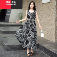 YIBUSHENG民族风碎花连衣裙女季新款收腰显瘦印花大摆沙滩裙无袖背心长裙