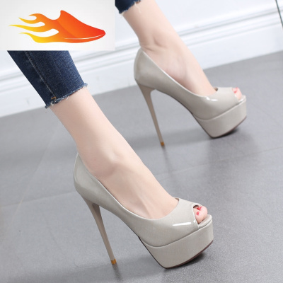 FISHBASKET高跟鞋女细跟2019春夏新款浅口单鞋百搭鱼嘴小皮鞋时尚防水台女鞋