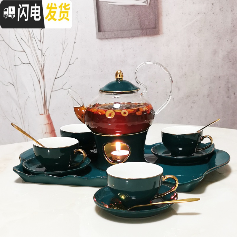 三维工匠花茶茶具套装北欧式煮水果茶壶茶杯耐热玻璃陶瓷英式下午茶茶具 孔雀绿1壶1炉4杯4碟4勺+托盘送蜡烛