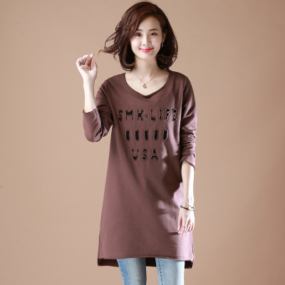 语娄秋冬装加肥加大码女装宽松纯棉T恤女长袖中长款字母体恤裙打底衫2021大码女装