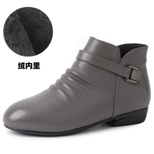 25秋冬新款简约舒适平底小圆头裸靴真皮女短靴防滑中老年妈妈棉鞋