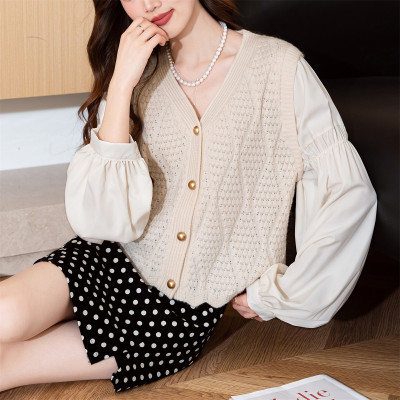 [清仓1折价46.9元,不叠加优惠券]唐狮早春拼接梭织袖V领开衫针织衫温柔风百搭简约气质韩系时尚