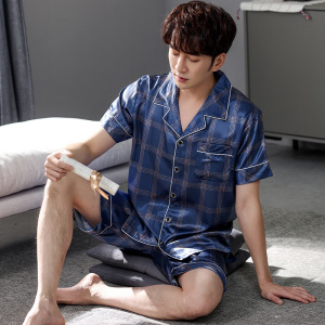 睡衣男夏季开衫翻领冰丝绸短袖短裤学生夏天大码家居服套装可外穿