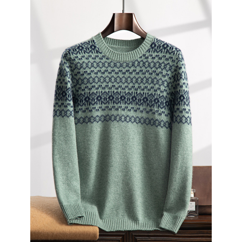 山羊绒衫男圆领时尚提花毛衣宽松针织打底衫套头上衣拼色内搭打底