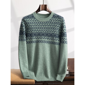 山羊绒衫男圆领时尚提花毛衣宽松针织打底衫套头上衣拼色内搭打底