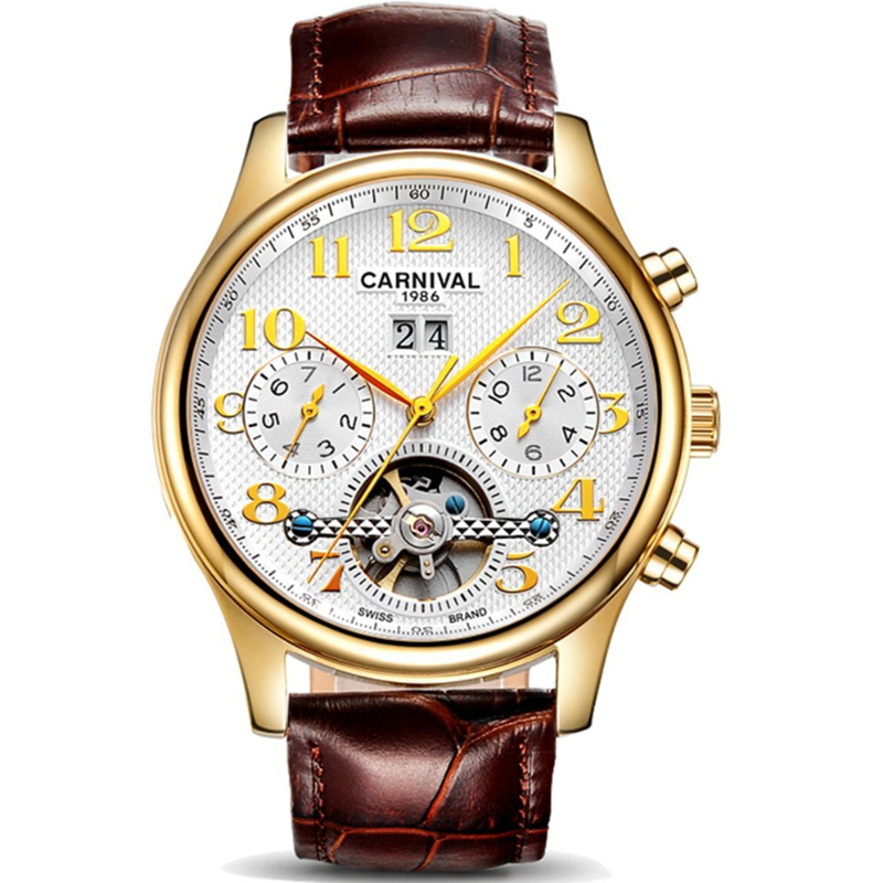 嘉年华carnival手表新款男士全自动机械表 男表皮带时尚镂空防水飞轮