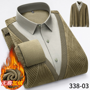 秋冬新款男士无痕衬衣假两件保暖长袖衬衫加绒保暖内衣潮