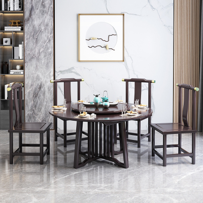 绵冠MIANGUAN新中式餐桌带转盘实木圆桌民宿酒店别墅现代简约轻奢餐桌椅组合 一桌六椅