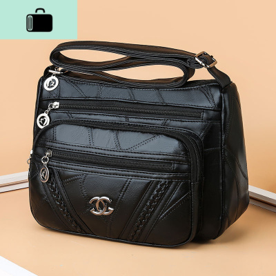 [皮斜挎包]妈妈百搭大容量斜挎包中年女士软皮单肩包NEW LAKE 黑色(皮包) BM-8108-女斜挎包