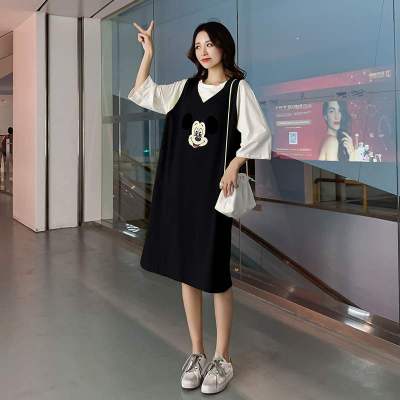 YIBUSHENG特大码女装200斤宽松中长款假两件连衣裙女胖mm300斤遮肚减龄上衣