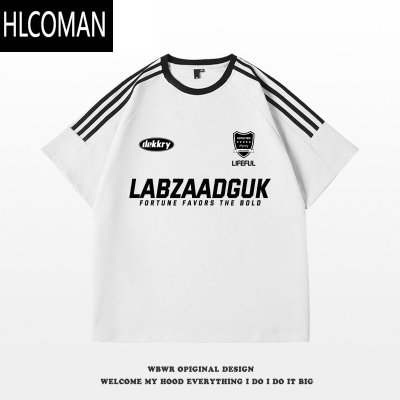 HLCOMAN美式字母印花三条杠短袖t恤男夏季简约百搭宽松打底上衣