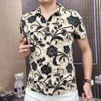 男装上衣夏季休闲翻领印花男士衬衫短袖时尚帅气个性仿浮花纹