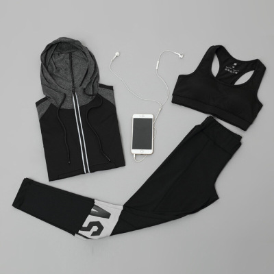 珂卡慕(KEKAMU)韩版速干瑜伽服三件套连帽外套背心长裤专业运动健身服套装外套+文胸+九分裤（三件套）M