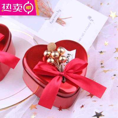 结婚礼喜糖盒子马口铁盒个性糖果盒包装盒圆形金色欧式伴手礼森系FENGHOU7*4心形红色小号红蝴蝶结如图发货（无需