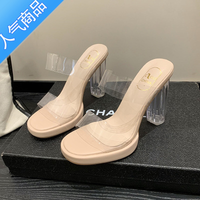 SUNTEK小个子显腿长透明高跟拖鞋女2023夏季时尚外穿水晶粗跟一字带凉鞋