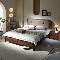 青木川 简约现代南美黑胡桃木全实木床1.8米双人床1.5米两米单人床大板直拼卧室家具带软靠皮床家用休闲成人结婚榫卯床架