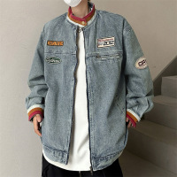 男装潮牌美式复古立领情侣款牛仔外套男春秋季机车赛车服夹克上衣