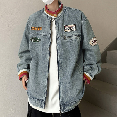男装潮牌美式复古立领情侣款牛仔外套男春秋季机车赛车服夹克上衣