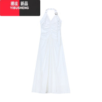 YIBUSHENG纯欲白色设计感褶皱挂脖连衣裙女季修身收腰A字裙长裙